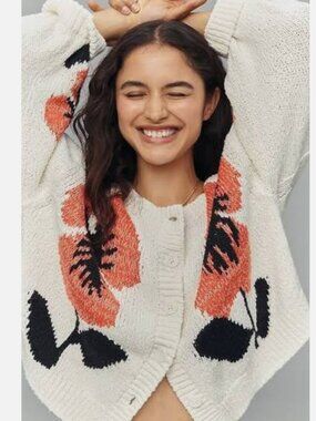 Anthropologie Maeve Elbow Sleeve Cardigan Sweater Red Floral Size L NWT Large